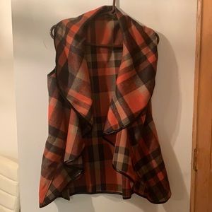Orange/Black Plaid Sleeveless Cardigan Jacket